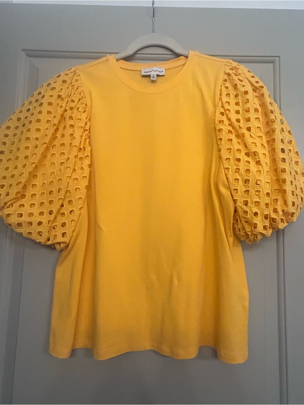 Gibson Latimer Yellow Puff Sleeve Eyelet Top
